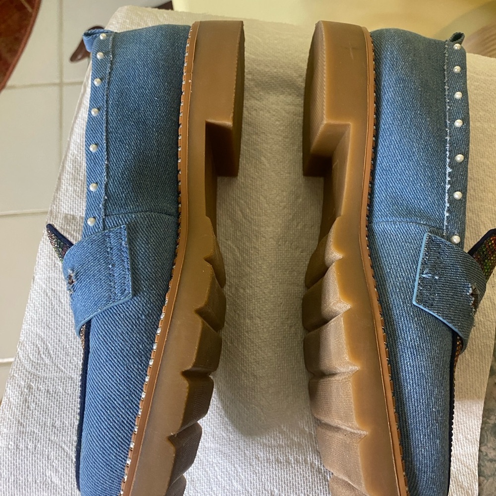 Betsy Johnson’s denim rhinestone, pearls, and studded loafers 9M - Picture 6 of 10
